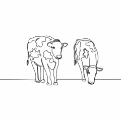 Continuous one simple single abstract line drawing of cows standing icon in silhouette on a white background. Linear stylized.