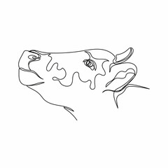 Continuous one simple single abstract line drawing of funny cow head face portrait animal concept icon in silhouette on a white background. Linear stylized.