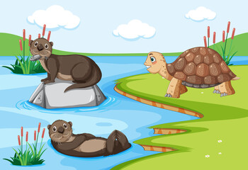 Otters and tortoise living together in the forest