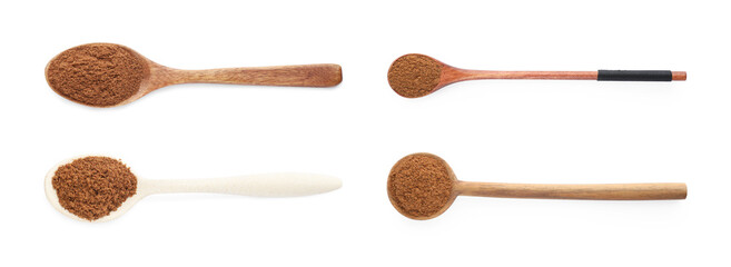 Set with nutmeg powder on white background, top view. Banner design