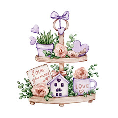 Valentine's day, tiered tray with flowers and hearts