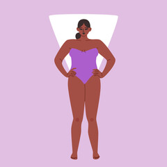 The shape type is triangle. Cartoon chubby girl wearing a purple strapless swimsuit. Vector stock illustration of a woman with wide shoulders isolated.