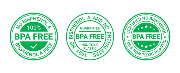 BPA free stamp. No bisphenol icon, badge. Non toxic plastic round labels. Seal imprints for eco package. Set stickers isolated on white background. Organic emblems. Vector illustration
