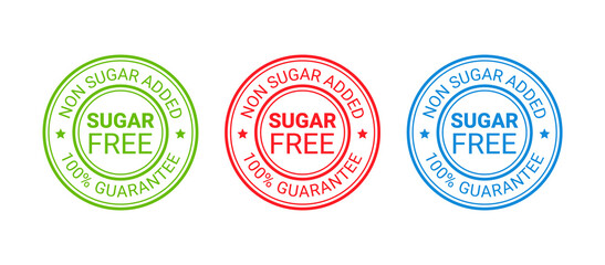 Sugar free stamp, icon. No sugar added badge. Diabetic round imprint label. Certified sticker. Green, red, blue seal marks isolated. Emblem for package product on white background. Vector illustration