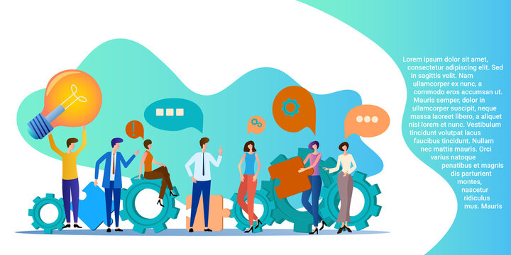 Teamwork.People with light bulbs and puzzles as a symbol of joint activity.Poster in business style.Flat vector illustration.