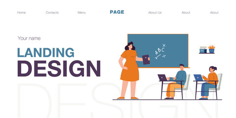 Children using gadgets during math lesson in classroom. Flat vector illustration. Kids with laptops on desks listening to teacher, talking and holding tablet. Technology, education, school concept