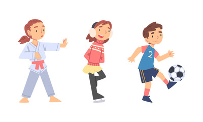 Little Girl Ice Skating and Boy Playing Football Doing Sport Vector Set
