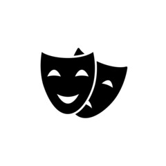 Comedy and tragedy masks. Black icon funny and sad mask, cartoon style. Happy and unhappy traditional symbol of theater. Vector illustration flat design. Isolated on white background. eps 10