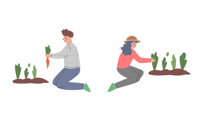 Male and Female Farmer Working in Garden Vector Set