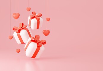 Fototapeta premium Gift boxes with hearts composition. Valentine's Day banner. 3d rendering illustration.