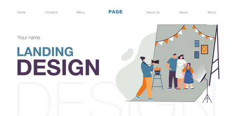 Cartoon photographer taking pictures of parents and kid. Flat vector illustration. Happy mother, father and daughter posing in front of camera in photo studio. Photography, family, shooting concept