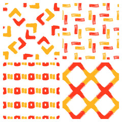 Abstract set of hand drawn seamless patterns with red and yellow shapes, elements. Vector illustrations in doodle style. 