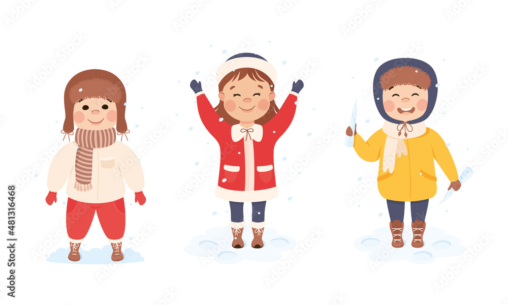 Poster excited girl and boy in hat playing outdoor with ice and snow falling vector set