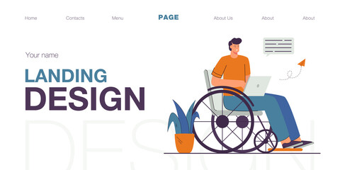 Man in wheelchair communicating online. Disabled male character holding laptop, sending messages, smiling. Modern technologies, internet concept for banner, website design or landing web page