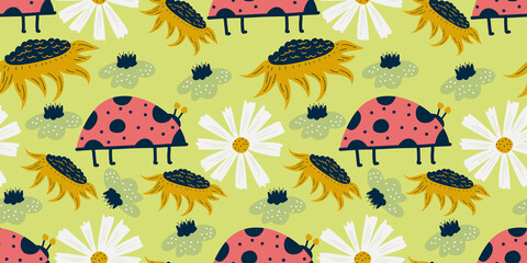 Seamless pattern ladybird and chamomile in scandinavian style. Nordic spring for kids textile. Summer floral scandinavian nursery print design. Ladybug with chamomile and sunflower.