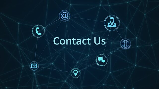 contact us animation with icons, abstract network grid, concept of customer care support, help desk, call center, seamless loop (3d render)