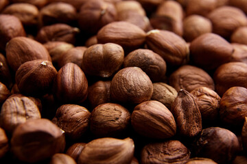Shelled raw hazelnuts background closeup