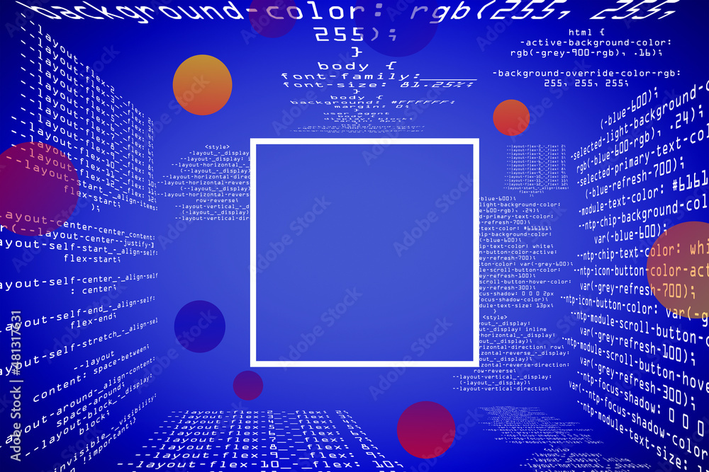 Poster Abstract glowing blue coding programming background with blank square mock up frame. Big data and code concept. 
