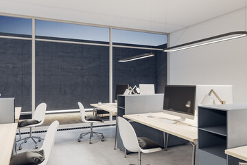 Luxury coworking office interior with empty computer monitors on wooden desks, equipment, furniture and panoramic windows. 3D Rendering.