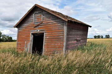 Obraz premium Old dilapitated weathered wooden granary in a grassy field. Blue sky with clouds in background.