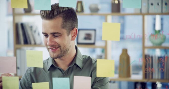 Young businessman having a brainstorming session a glass wall in a modern office. Happy business man planning and strategizing with sticky notes, writing ideas on a glass window