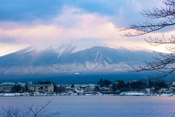 Fuji mountain and Kawaguchiko lake in winter season at twilight, Japan.