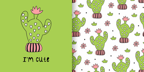 Illustration and seamless childish pattern with cute cactus in black and white style