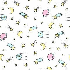 Hand drawn seamless vector pattern with cute  stars and planet. Repetitive wallpaper on white background