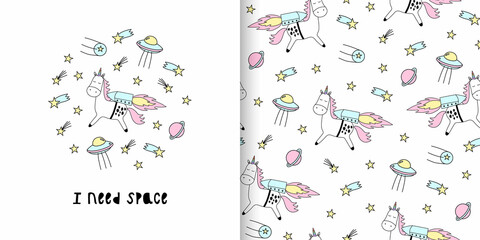 Illustration and seamless childish pattern with cute unicorn with stars and moon