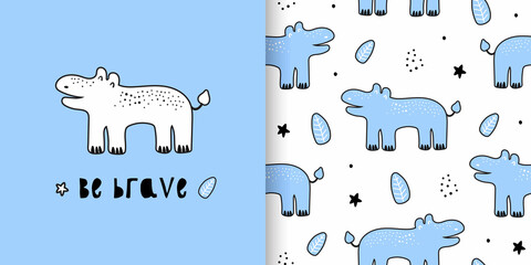 Illustration and seamless childish pattern with cute hippopotamus in black and white style