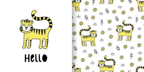 Illustration and seamless childish pattern with cute tiger in black and white style