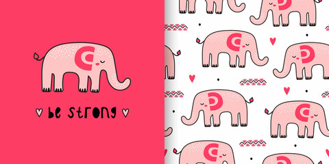 Illustration and seamless childish pattern with cute elephant in black and white style
