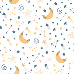 Cute seamless night pattern with stars, moon, clouds