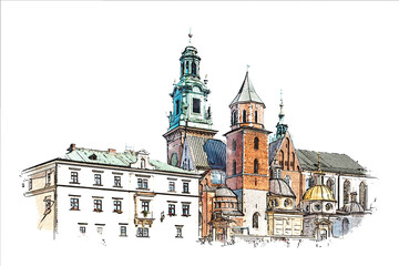 Wawel Royal Castle complex in Krakow, Poland, the most historically and culturally important site in Poland, color pencil style sketch illustration. 