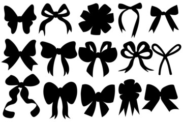 bow ribbon silhouette vector. Black ribbon bow tie graphic elements for give label, present, packaging, invitation wedding card, banners, bows and ribbons hand drawn collection . Vector illustration
