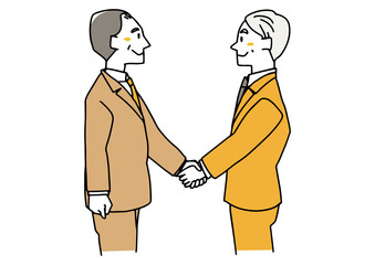 握手を交わす中高年のビジネスマン　契約や協力関係を構築　温かみのある手描きの人物イラスト　白バック