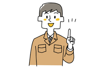 ポイントについて説明する作業着の男性　工務店スタッフや工場作業員　温かみのある手書きの人物　