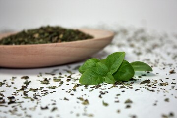 Fresh green basil leaves in the foreground (macro).