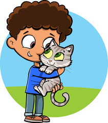 boy lovingly holds a small cat in his arms