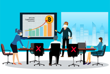 Business meeting with bit coin currency and  transactions in the digital currency system. business successful teamwork concept.Flat design style