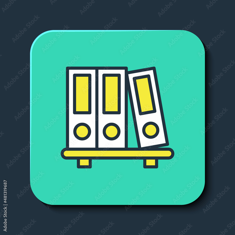 Poster filled outline office folders with papers and documents icon isolated on blue background. office bin