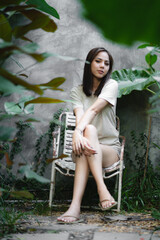 young Asian woman person are happy and enjoy in the garden, nature space to relaxation in holiday, eco cafe outdoor