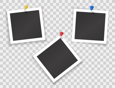 Blank square photographs with colored pins isolated on transparent background. Vector realistic mockup of retro photoframes pinned with thumbtacks on wall or board
