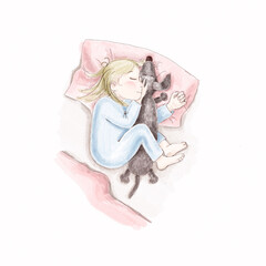 A cute little girl in a blue pajama sleeps sweetly on her side in an embrace with her favorite soft toy dachshund dog. Gentle digital illustration in the style of colored pencils and watercolor