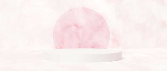 3Dレンダリング）ピンクの大理石風の明るい抽象的背景　円柱　春の横長バナー　ナチュラル　展示　シンプル　ミニマル　空きスペース　