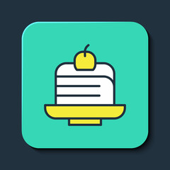 Filled outline Piece of cake icon isolated on blue background. Happy Birthday. Turquoise square button. Vector