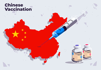 Vector illustration of Chinese vaccination template medical syringe on the map of China with glass vials of COVID-19 vaccine, inject in China, flag of China