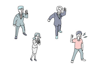 上から見下ろした怒っている人々のセット　拳を作って腹を立てる　温かみのある手書きの人物イラスト　