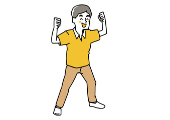 上から見下ろした喜んでいるカジュアルな男性　拳を作って幸運を喜ぶ　温かみのある手書きの人物イラスト　