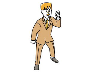 上から見下ろした怒っているスーツの男性　拳を作って腹を立てる　温かみのある手書きの人物イラスト　